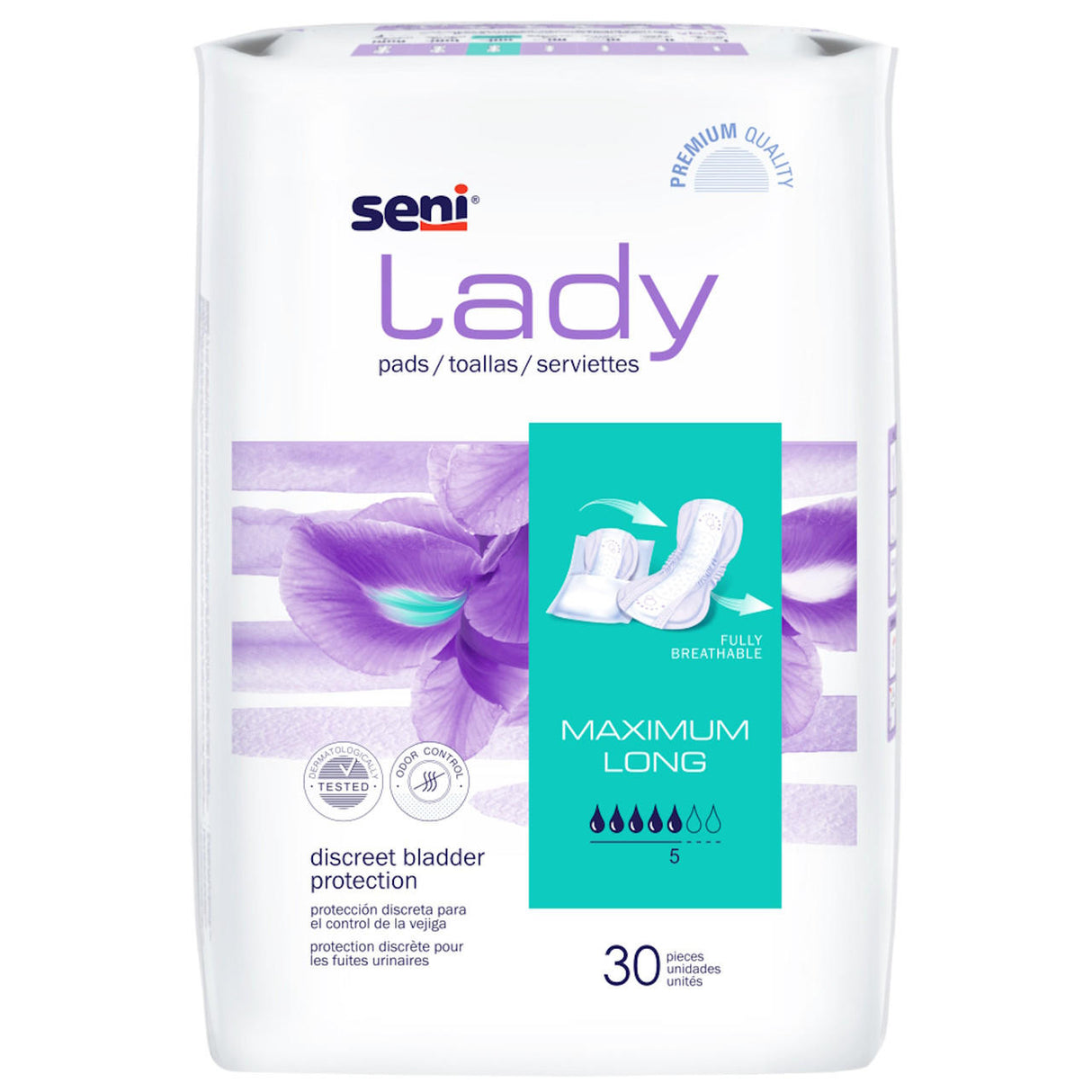 A pack of 30 Seni Lady Pads Maximum Long by Seni offers discreet protection for moderate urinary incontinence, featuring a purple flower design, multilingual text, and product images.