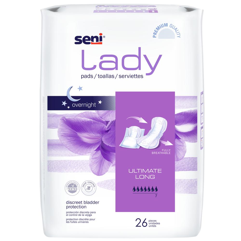 A package of Seni Lady Ultimate Pads Long by Seni, designed for discreet overnight use. The white and purple pack contains 26 pads with a purple flower motif, ideal for moderate incontinence control.