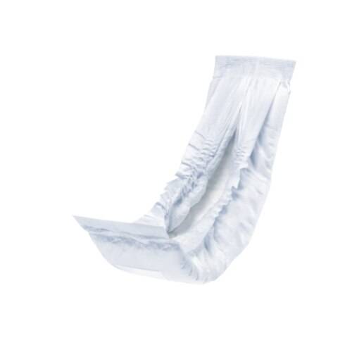 A single Seni Man Fit Guard by Seni for male incontinence is displayed upright on a plain white background, showing its slightly curved shape, inner absorbent surface, elastic sides, and moderate absorbency.