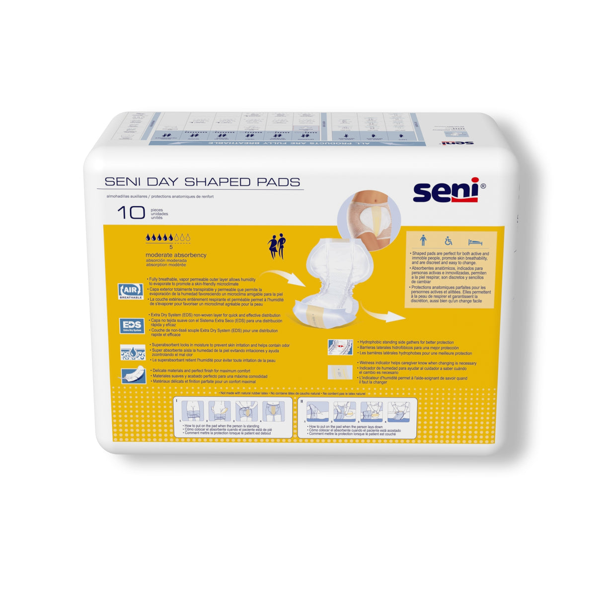 A 10-pack of Seni Shaped Pads Day by Seni, featuring product info, diagrams, and illustrations on a yellow and white background. Designed for adults with moderate incontinence and day absorbency needs.