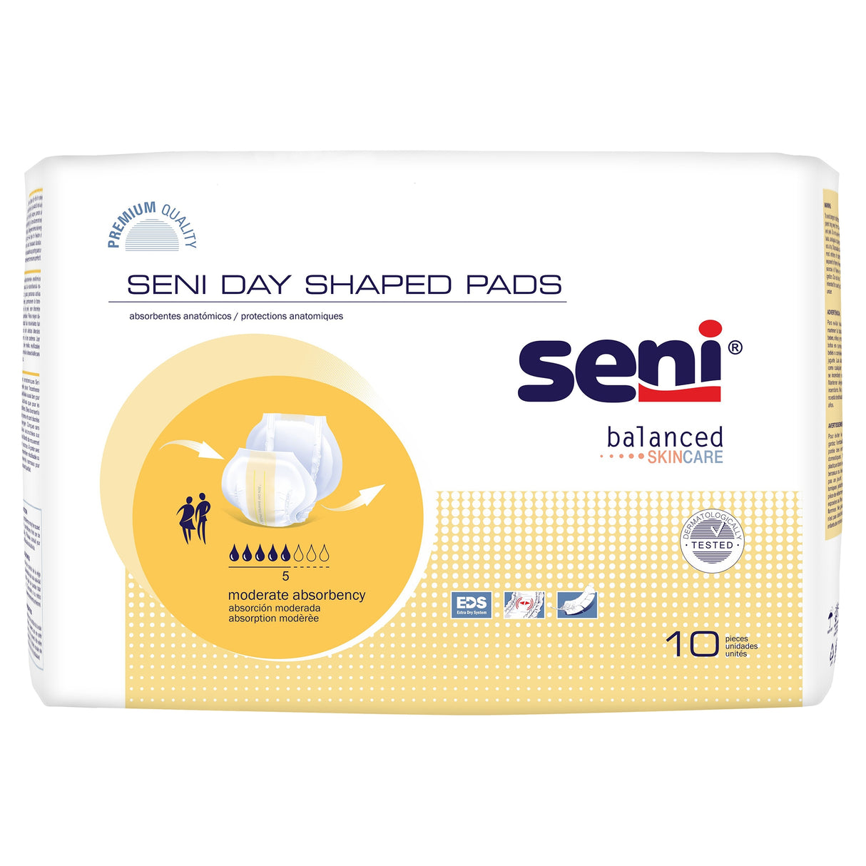 A pack of Seni Shaped Pads Day by Seni, designed for moderate incontinence and day use. The white and yellow packaging shows pad images plus comfort and skincare icons. Contains 10 pads.