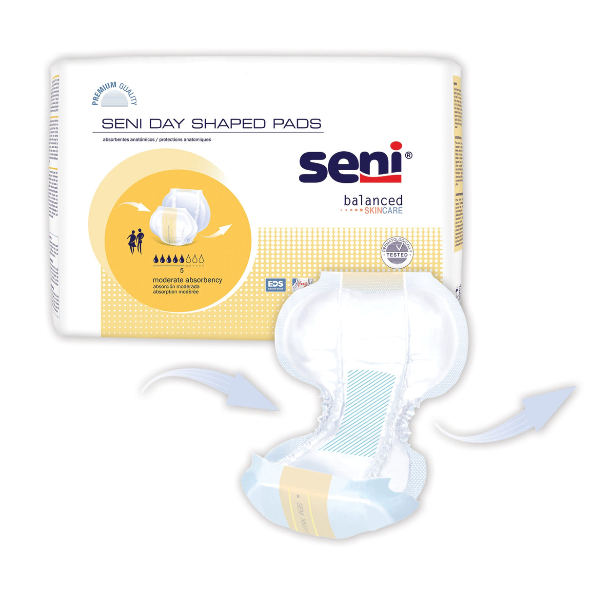 Package of Seni Shaped Pads Day by Seni, with one pad in front displaying its absorbent core. Packaging emphasizes premium quality and day absorbency, ideal for those seeking moderate incontinence protection.
