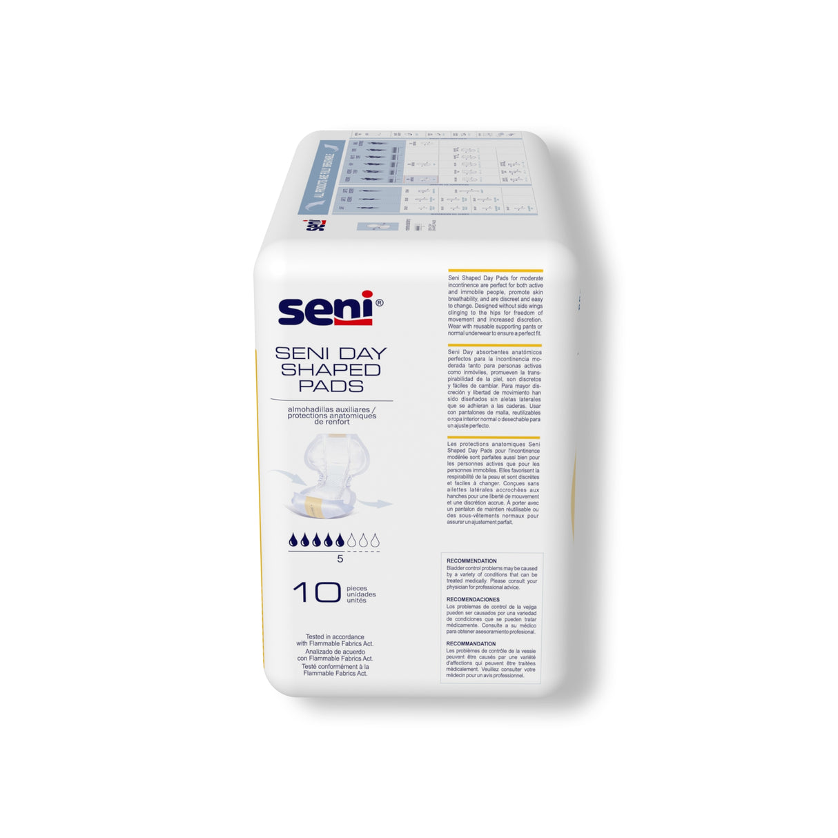 A package of Seni Shaped Pads Day by Seni for moderate incontinence stands upright. The white packaging features product info, a pad diagram, and absorbency icons. Each pack contains 10 pads with day-level absorbency.