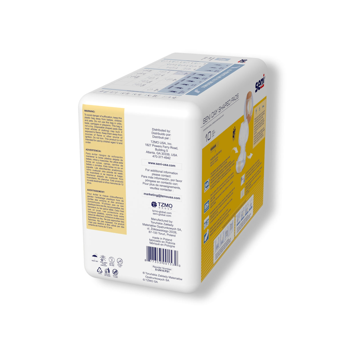 Seni Shaped Pads Day by Seni for moderate incontinence shown from the back and side, featuring product info, instructions, and contact details on a white background with yellow accents and blue text.