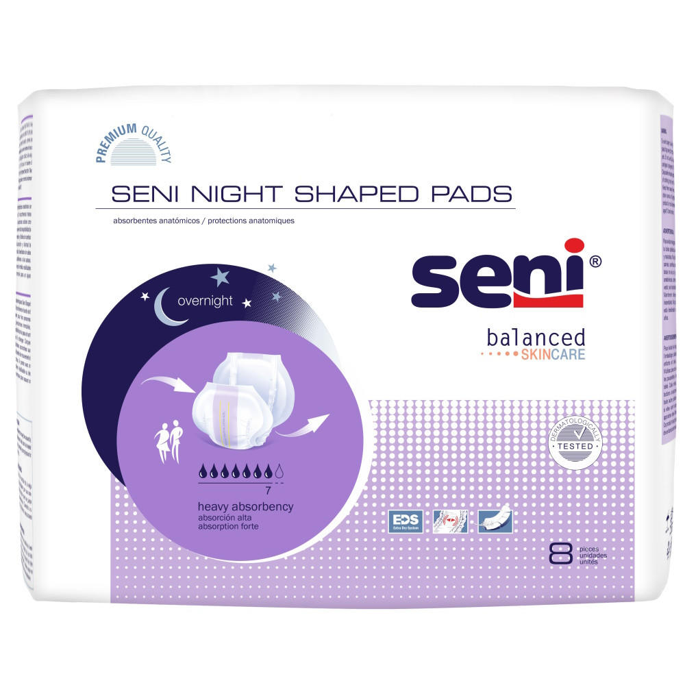 Seni Shaped Pads Night by Seni offers heavy absorbency with 8 pads per pack. The purple and white packaging features icons highlighting overnight use and balanced skincare benefits.