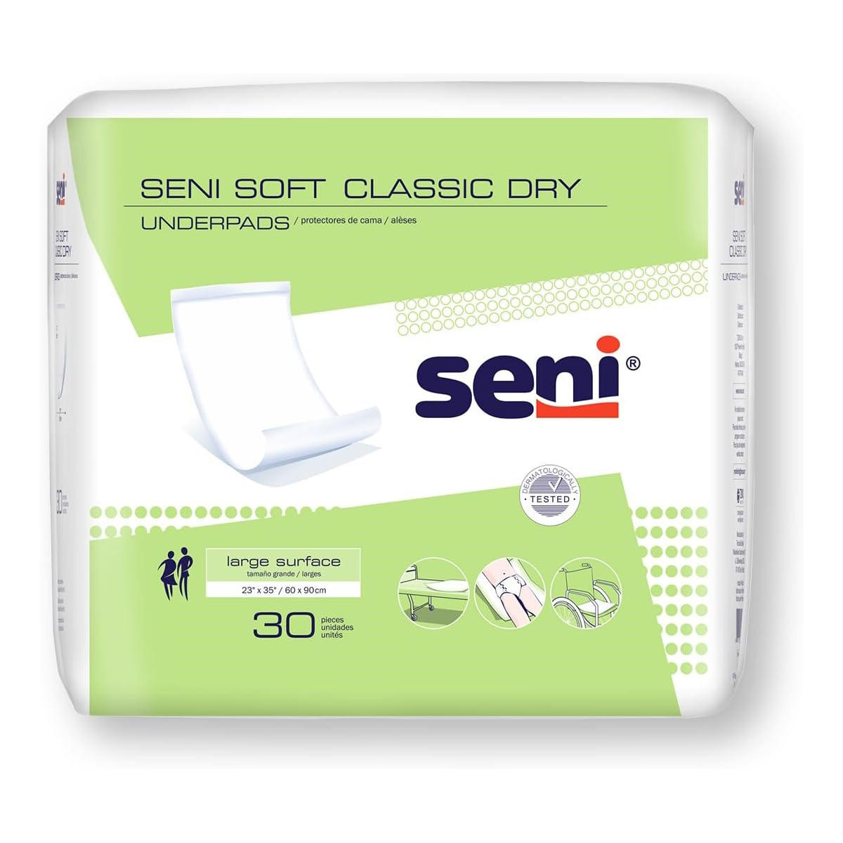 A package of Seni Soft Classic Dry Underpads by Seni, with product images and icons. The green and white 30-pack features a large 23x35 size—ideal for reliable bed protection.