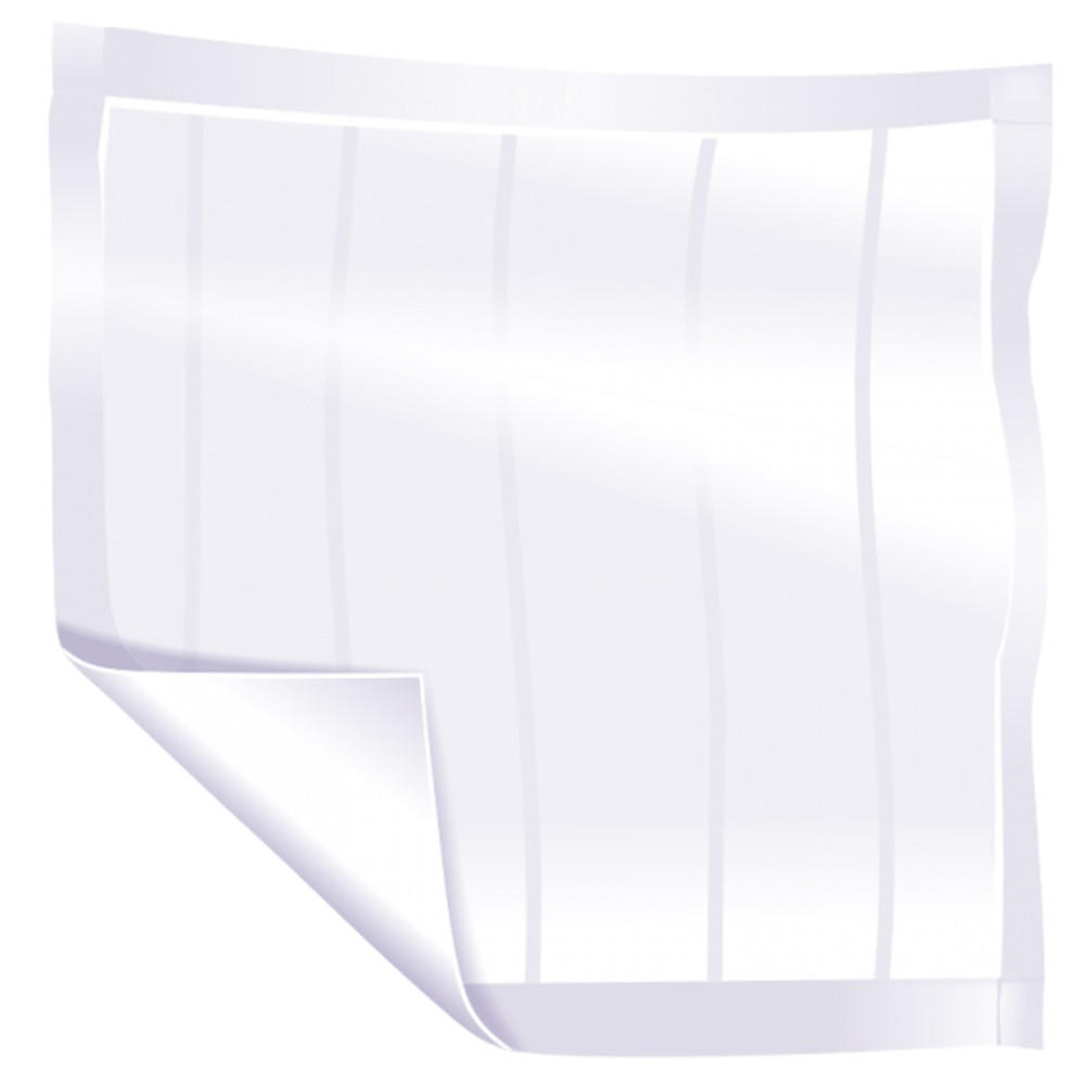 A blank, white adhesive label sticker with a curled corner and faint vertical lines—perfect for organizing Seni Soft Classic Dry Underpads from the Seni brand.