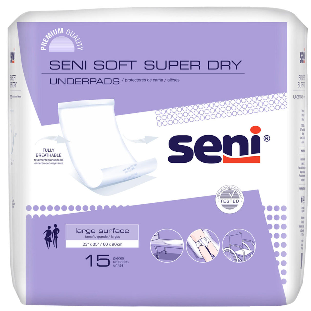 A pack of Seni Soft Super Dry Underpads by Seni features a large purple and white design, product images, and text stating 15 pieces, 23 x 35 size, and fully breathable hygienic underpads.