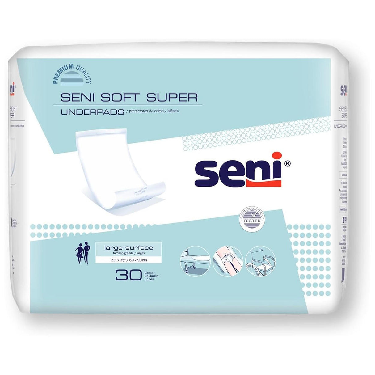 A pack of Seni Soft Super Underpads by Seni, featuring 30 incontinence pads (23 x 35/60 x 90 cm), blue and white design, large surface icon, and product illustrations on the front for bed protection.