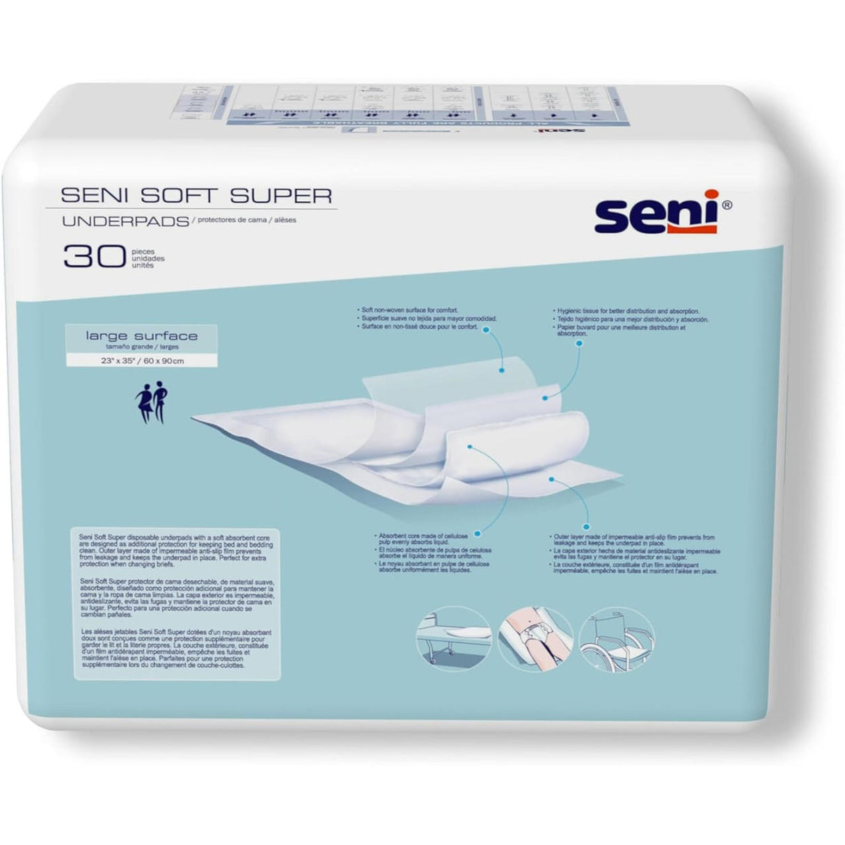 A pack of 30 Seni Soft Super Underpads by Seni, size 23x35 in (60x90 cm), features a blue and white design, product images, and usage instructions on the front for bed protection.