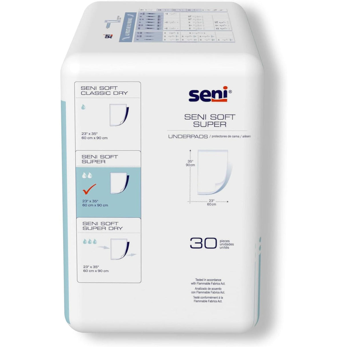 Seni Soft Super Underpads by Seni offer bed protection and incontinence care. Each pack contains 30 pieces, with product details and sizes shown on the front and the Seni brand name at the top right.