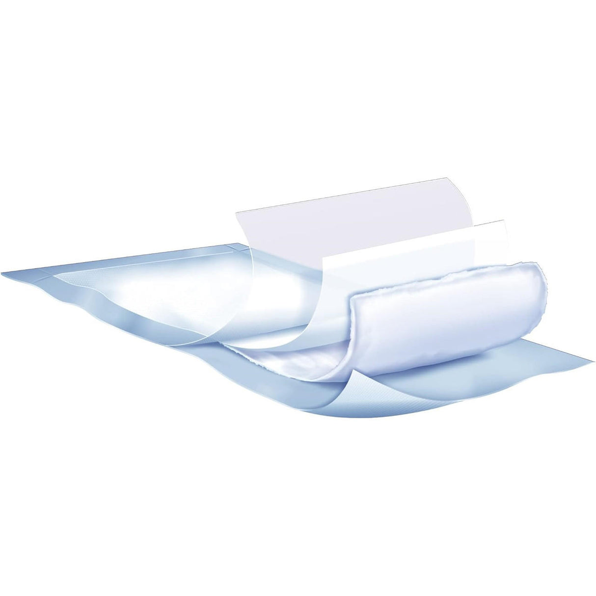 A close-up of Seni Soft Super Underpads by Seni displays multiple absorbent layers and a soft, contoured surface with wings on a white background—ideal for bed protection or use as underpads.
