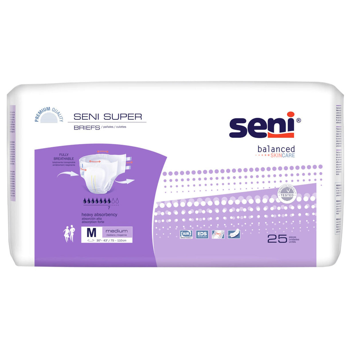 Seni Super Adult Incontinence Briefs, medium size, 25 count. These breathable, heavy absorbency briefs from Seni come in mostly white and purple packaging, providing comfort and balanced skincare for adults with incontinence needs.