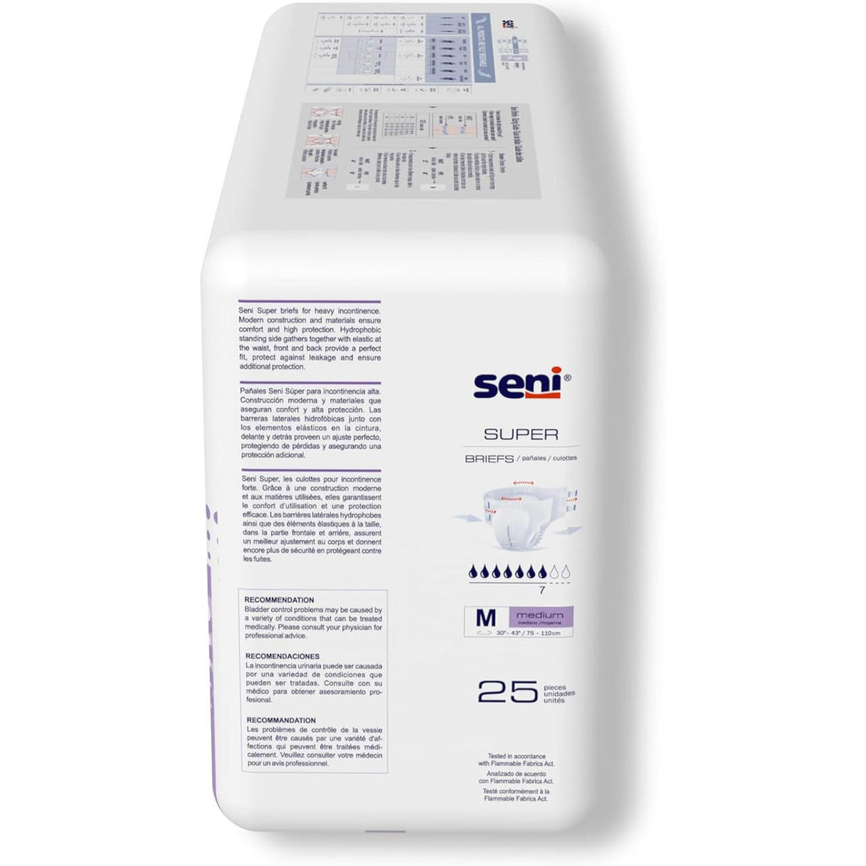 A pack of 25 Seni Super Adult Incontinence Briefs, medium size, for heavy incontinence. Packaging includes product details, usage instructions, and the Seni brand logo.