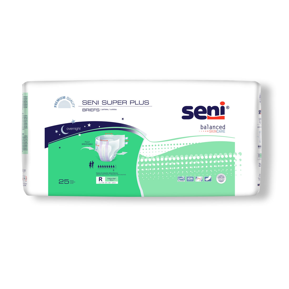 A white and green pack of Seni Super Plus Adult Briefs shows product images, icons for overnight use and premium quality, the Seni brand name, and notes there are 25 briefs per pack.