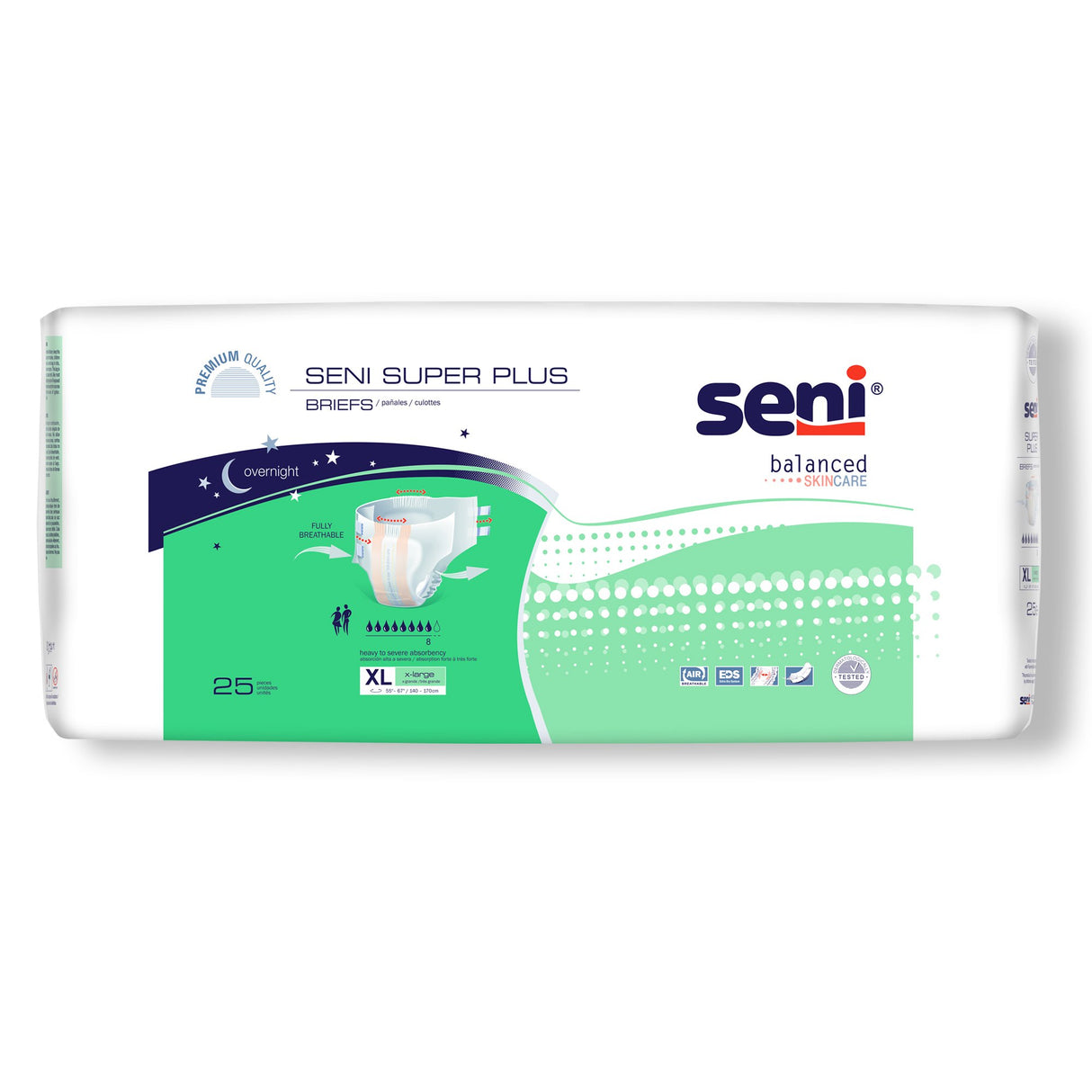 A pack of Seni Super Plus Adult Briefs, size XL, by Seni, designed for heavy incontinence with overnight absorbency. The white packaging has green and blue accents, product details, and an image of the briefs.