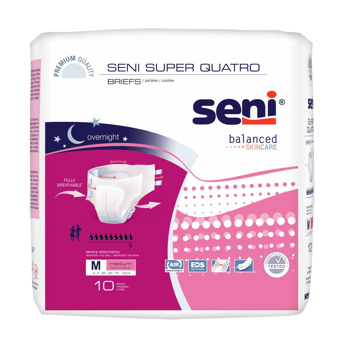 Package of Seni Super Quatro Adult Diapers by Seni, size medium, with maximum absorbency, breathability, and skincare icons plus a diagram on a white and pink background.