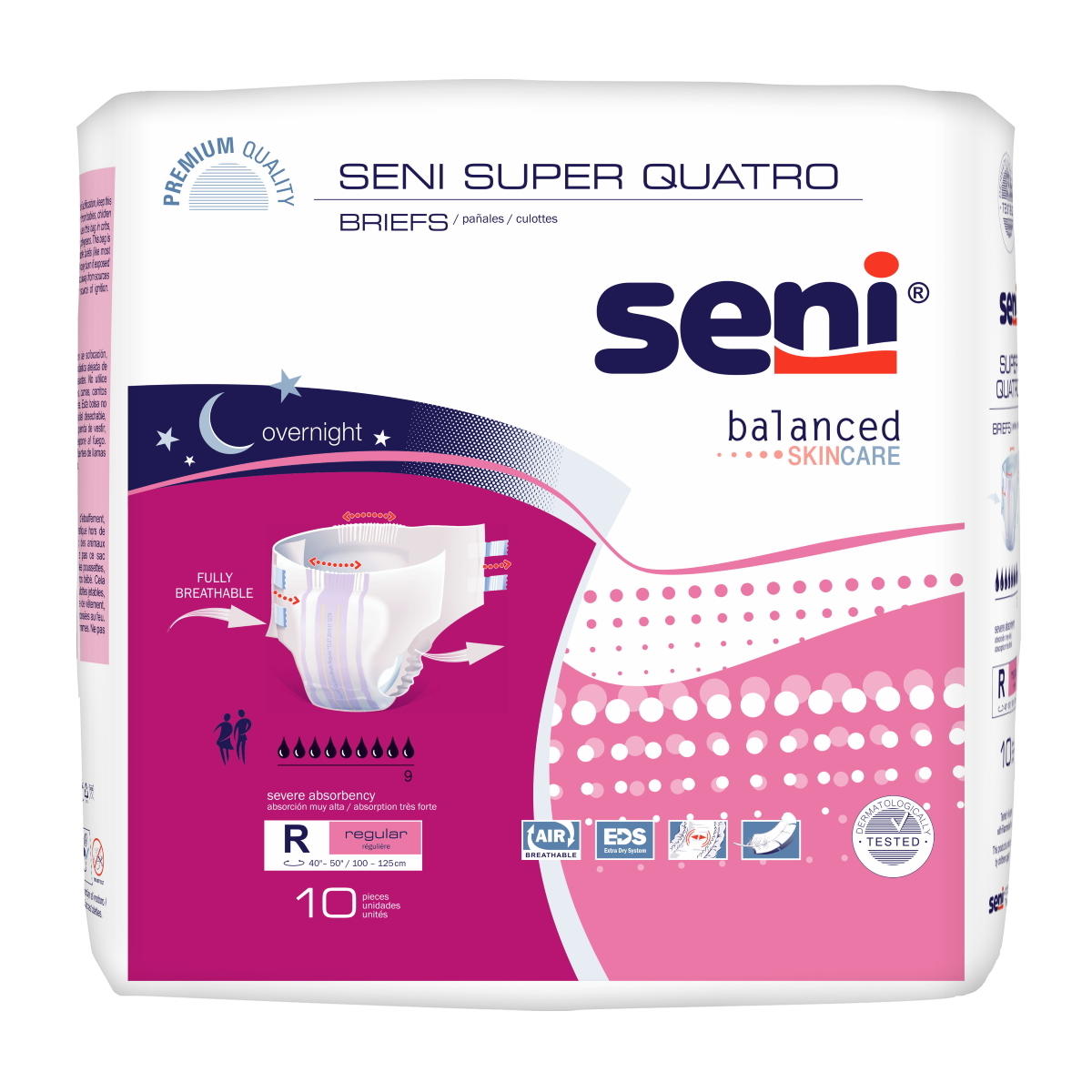 Seni Super Quatro Adult Diapers by Seni offer maximum overnight absorbency, breathable material, skincare benefits, and come in regular size. Each pack contains 10 diapers.