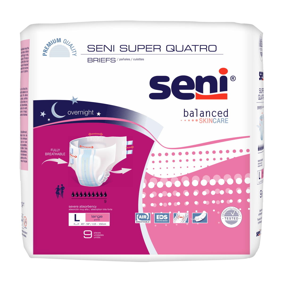 Seni Super Quatro Adult Diapers by Seni, size large, provide maximum absorbency and breathable comfort for incontinence protection. White packaging with purple, blue, and pink accents highlights these features.