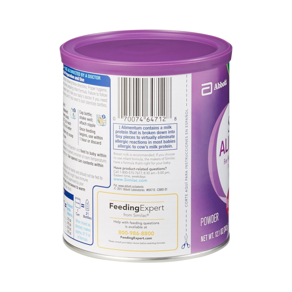 A 12.1 oz can of Similac Alimentum Infant Formula, Unflavored, showing its side label with nutrition facts, barcode, and a Feeding Expert contact section.