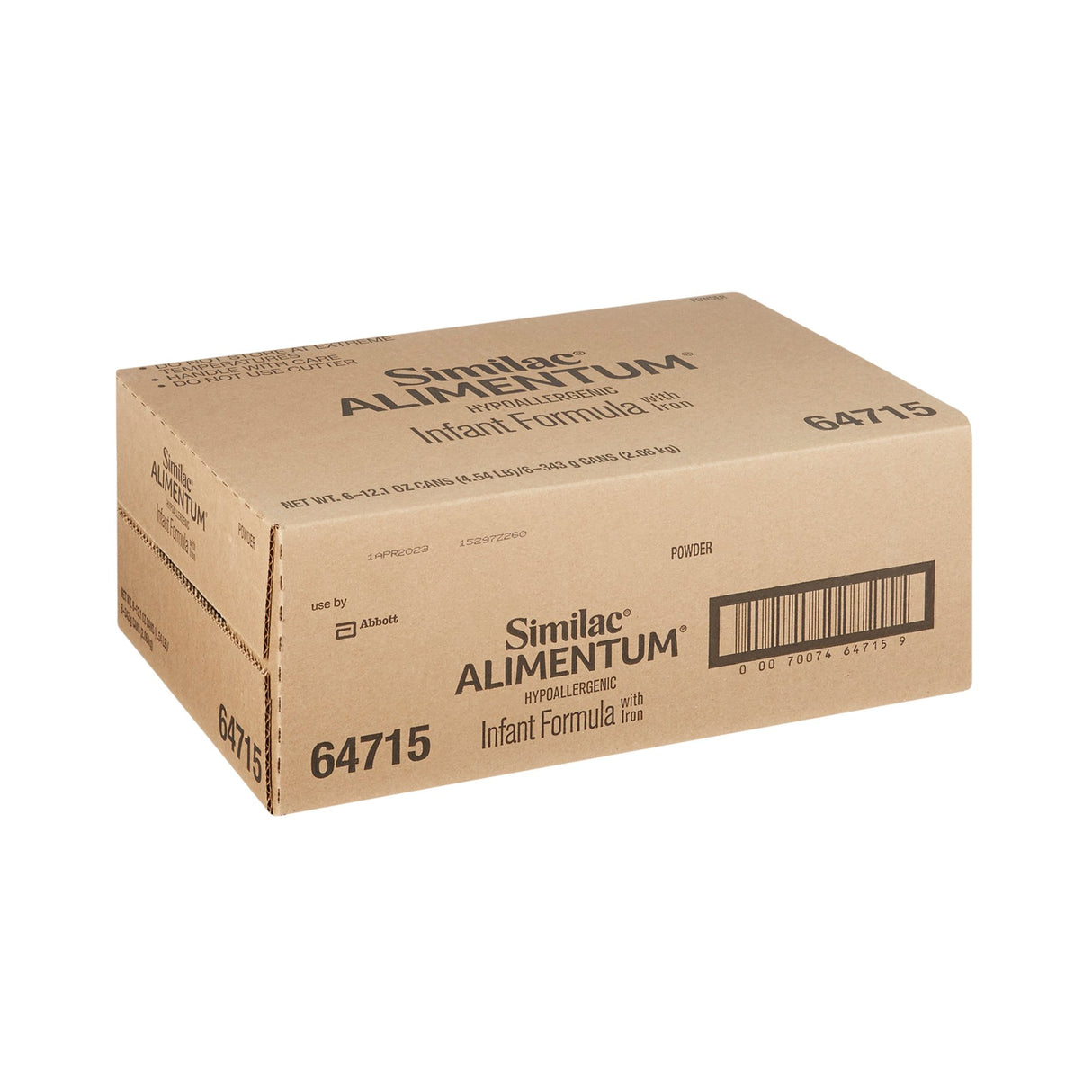 A brown cardboard box labeled Similac Alimentum Infant Formula, Unflavored, 12.1 oz Can by Similac sits on a white background, showing product info and barcode on the side. Contains extensively hydrolyzed protein for infants with allergies.