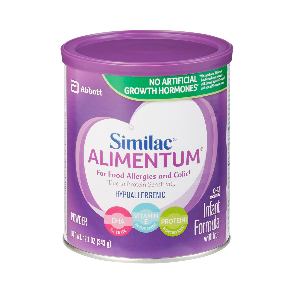A purple 12.1 oz can of Similac Alimentum Infant Formula (Unflavored) for food allergies and colic, features DHA and vitamin E icons, protein graphic, and a green “No Artificial Growth Hormones” banner.