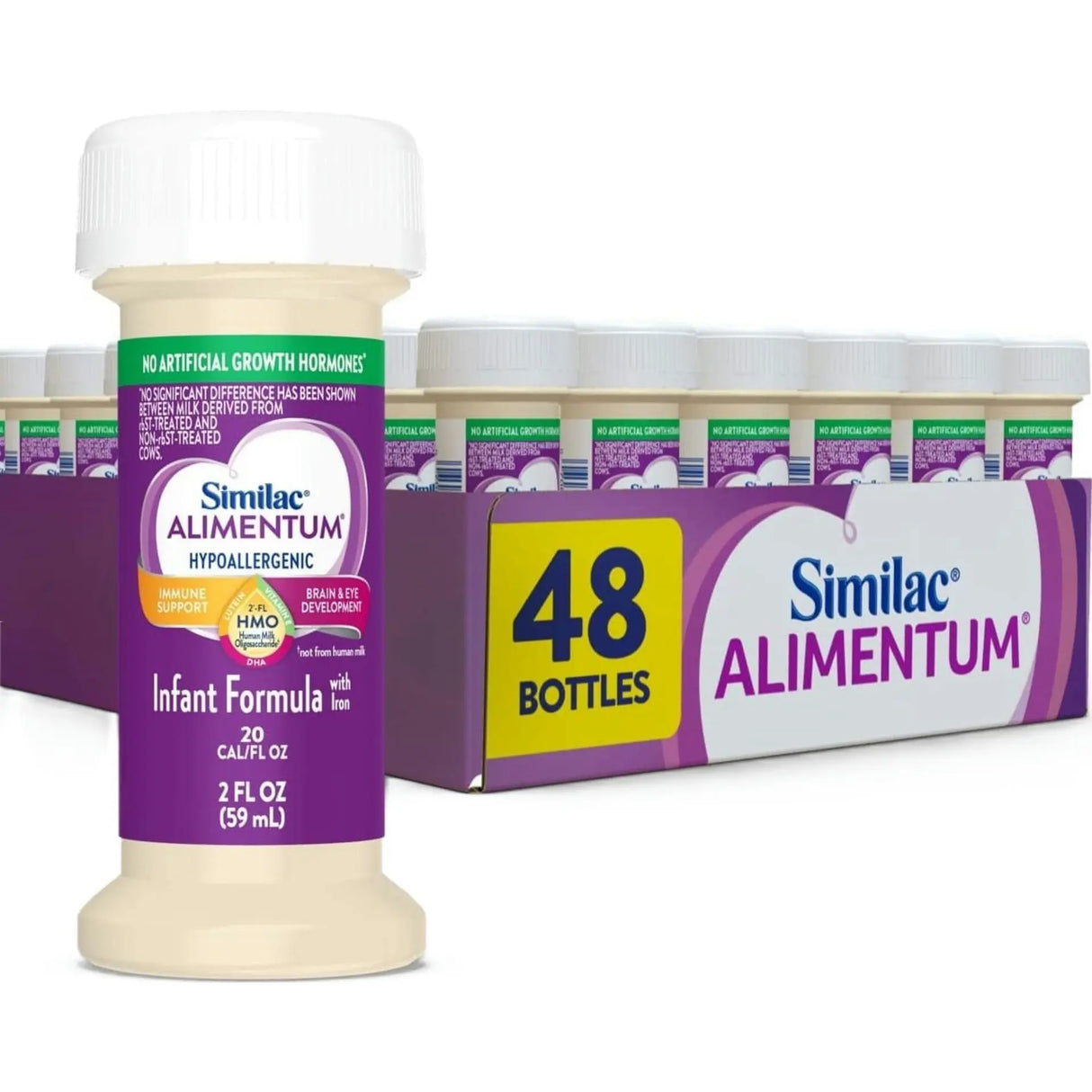 A Similac Alimentum Infant Formula, Unflavored, 2oz Bottle is displayed in front of a box of 48 bottles. The formula features HMO, supports brain and eye development, provides iron, and offers colic relief for infants with protein sensitivity.