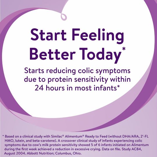 Purple advertisement stating: Start Feeling Better Today. Similac Alimentum Infant Formula, Unflavored, 2oz Bottle, starts reducing colic symptoms due to protein sensitivity within 24 hours in most infants.* *See clinical study disclaimer.