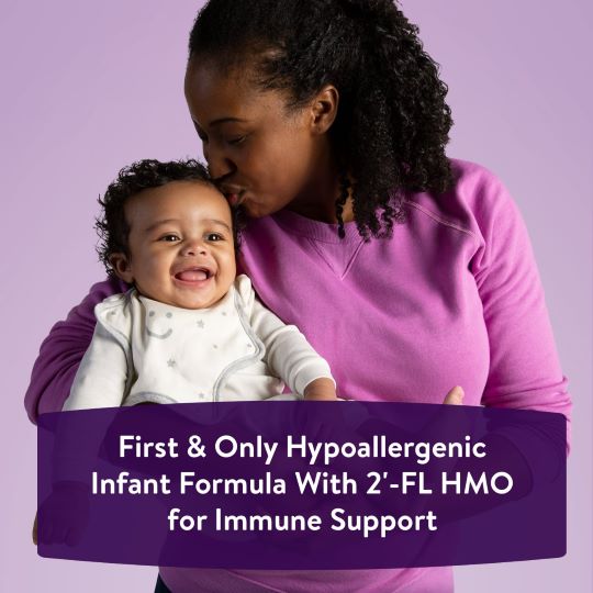 A woman in a pink top kisses a smiling baby. Text on the image reads: Similac Alimentum Infant Formula, Unflavored, 2oz Bottle—First & Only Hypoallergenic Formula With 2-FL HMO for Immune Support and colic relief. Light purple background.