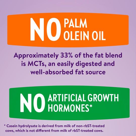 Similac Alimentum Infant Formula, Unflavored, 2oz Bottle: NO PALM OLEIN OIL. About 33% of the fat blend is easily digested MCTs—great for infants with protein sensitivity. NO ARTIFICIAL GROWTH HORMONES*. *See label for details.