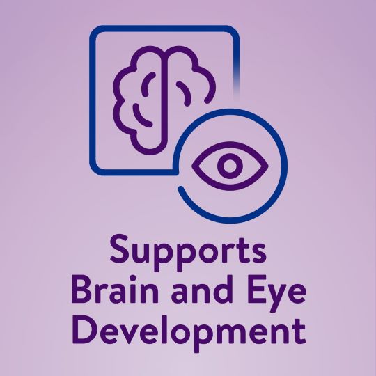 Purple graphic with a simple brain and eye icon on a light purple background. Text below: Similac Alimentum Infant Formula—Supports Brain & Eye Development; ideal for infants with protein sensitivity.