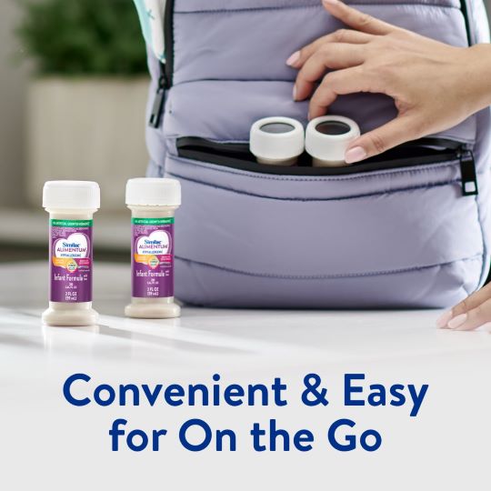 A person packs Similac Alimentum Infant Formula, Unflavored, 2oz bottles into a lavender backpack. Two bottles are on a table in front. Text below reads: Convenient & Easy for On the Go.