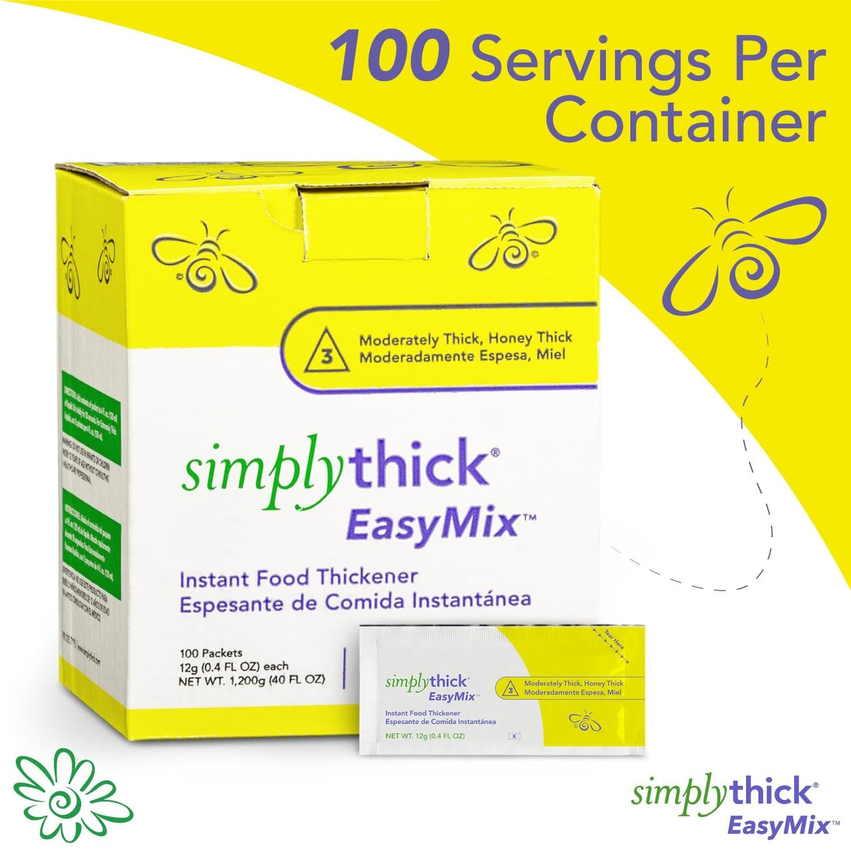 SimplyThick EasyMix Food Thickener Packets, Unflavored, 12g, 100 Count - STIND100L3-Box - LL Medico