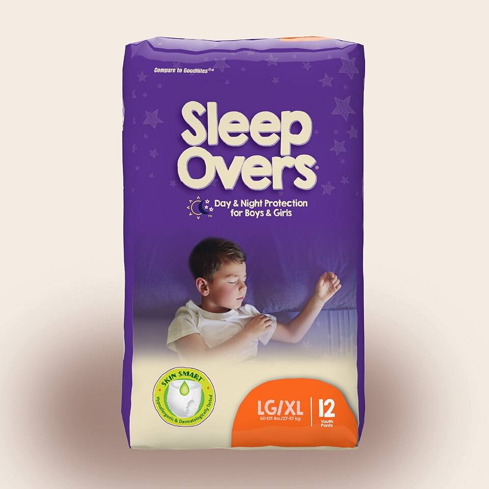 A purple pack of Sleep Overs Youth Incontinence Pants by Cuties (First Quality) for boys and girls, LG/XL size (60-125 lbs), 12 count, offers moderate to heavy protection and features a Skin Smart label.
