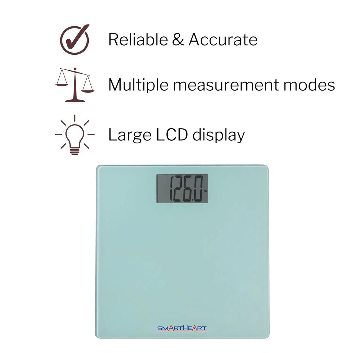 The Veridian Healthcare SmartHeart Digital Scale (438 lbs) with tempered glass shows 126.0 on its LCD. Beside it: icons and text—Reliable & Accurate, Multiple body weight measurements, Large LCD display.