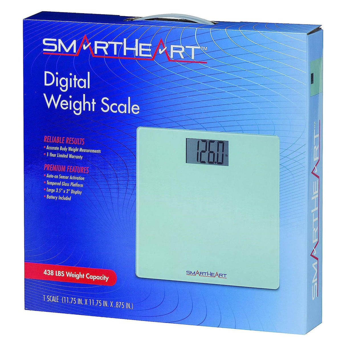 A blue box shows a Veridian Healthcare SmartHeart Digital Scale (438 lbs), displaying 126.0 lbs, and highlighting tempered glass construction and advanced body weight measurement features on the front.