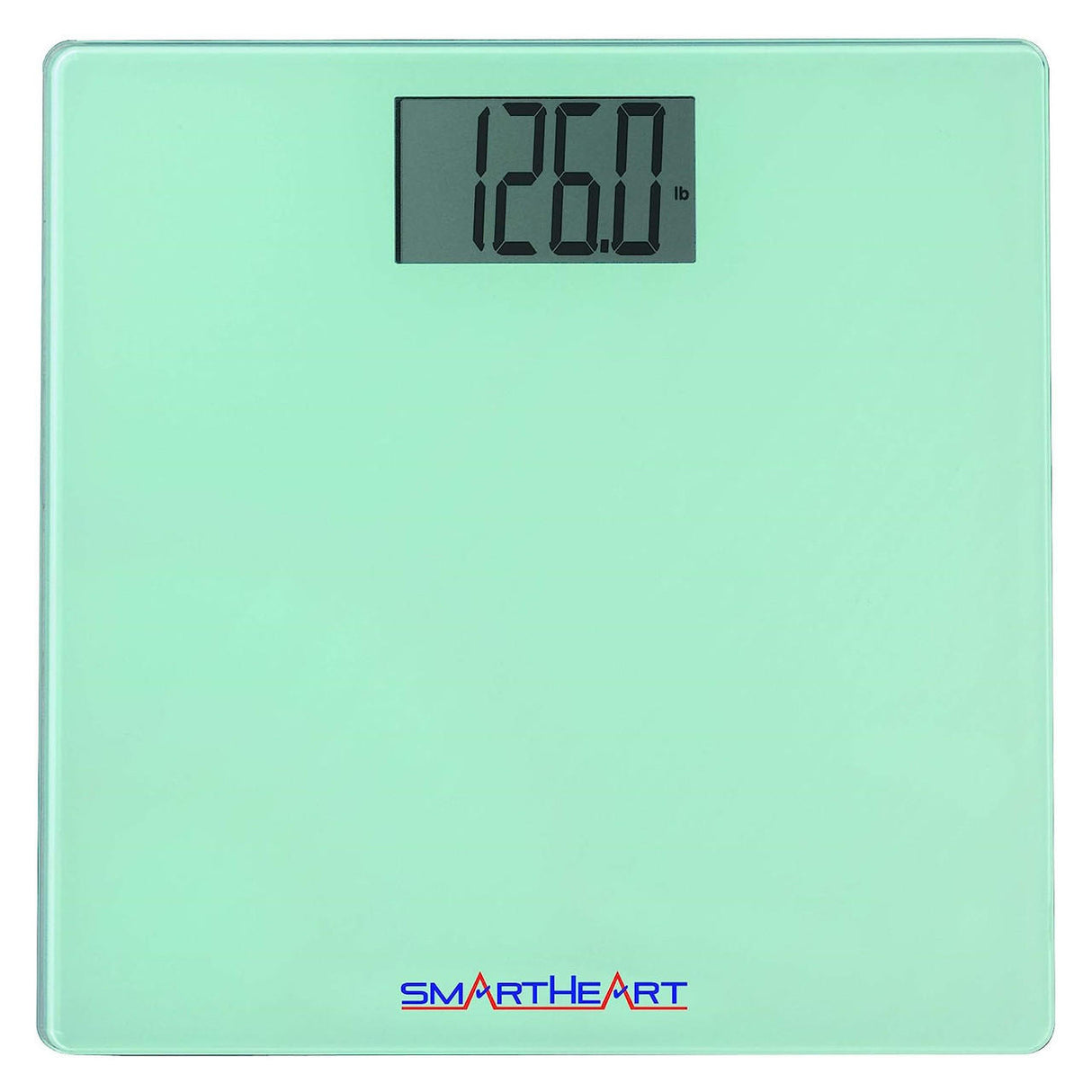 The Veridian Healthcare SmartHeart Digital Scale, 438 lbs, features a light green tempered glass surface and displays a weight of 126.0 pounds, ensuring accurate body weight measurements.
