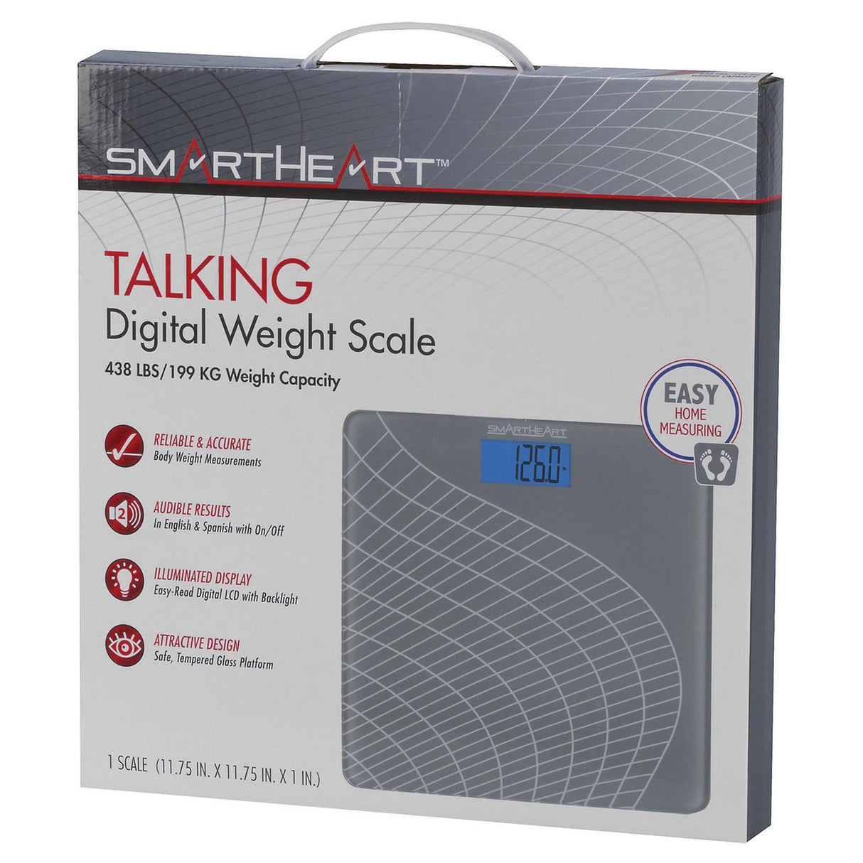 Box for Veridian Healthcare SmartHeart Digital Talking Scale, Gray, features product info, icons, and an image showing the backlit display at 126.0. Announces readings aloud and supports up to 438 lbs/199 kg.