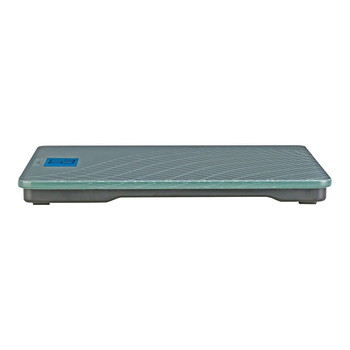 The Veridian Healthcare SmartHeart Digital Talking Scale (438 lbs, Gray) features a rectangular glass top with a subtle geometric pattern, stable four-foot support, and an easy-to-read blue backlit left digital display.