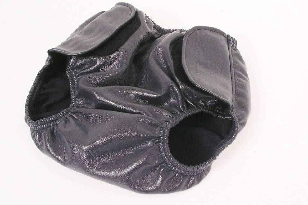 The SoSecure Incontinence Containment Adult Swim Diaper by SoSecure is a black, shiny, reusable swimwear cover with elastic leg openings and Velcro fasteners, shown on a white background.