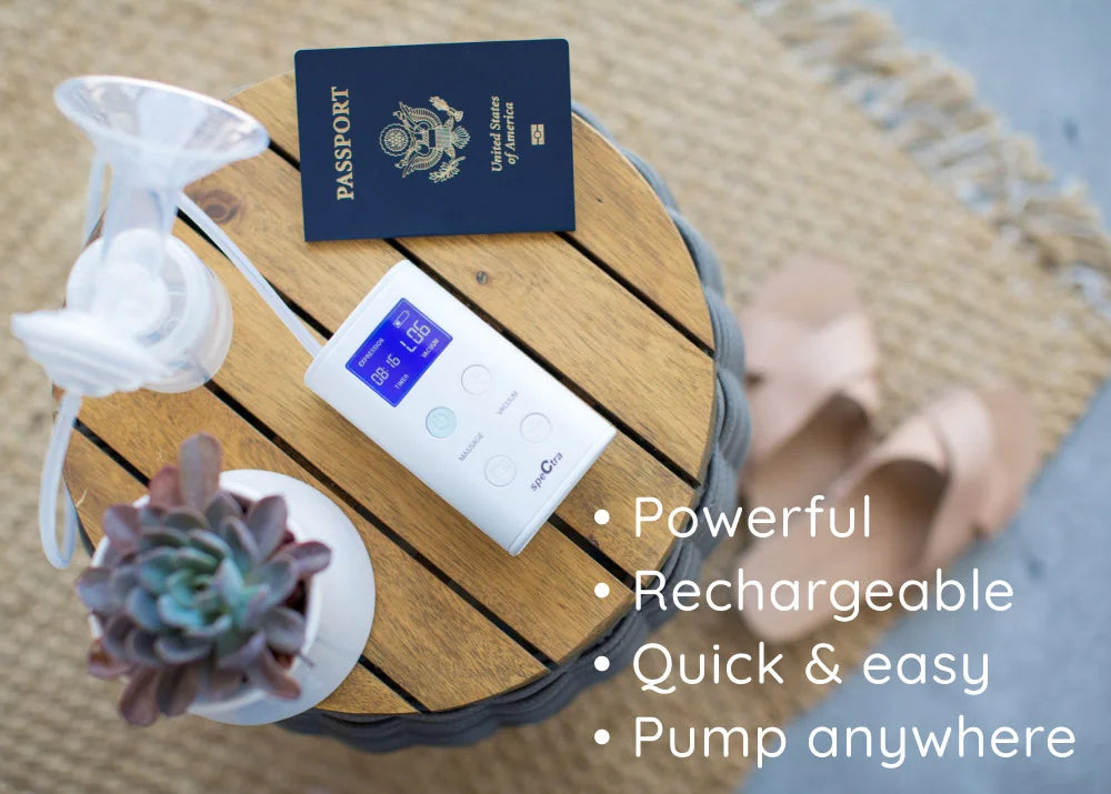 A Spectra 9 Plus Premier Portable Rechargeable Breast Pump by Spectra, a U.S. passport, and a succulent sit on a round wooden table with sandals nearby. Text: Powerful, rechargeable & quick—pump anywhere with this portable breast pump.