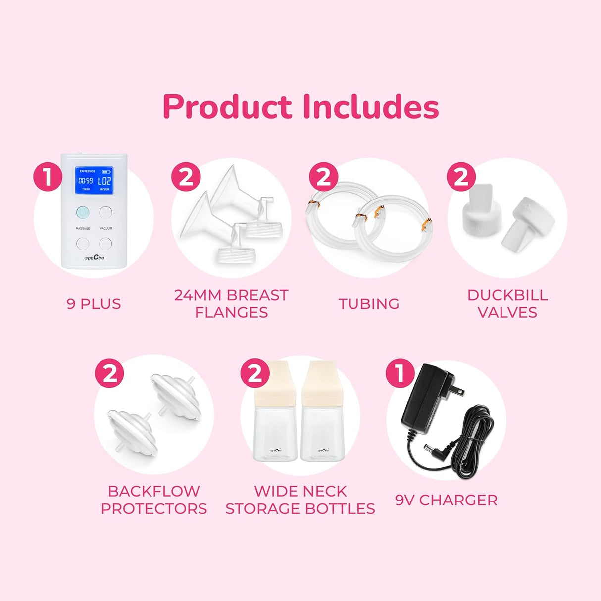 A product contents image shows the Spectra 9 Plus Premier Portable Rechargeable Breast Pump by Spectra, including 2×24mm breast flanges, 2 tubing, 2 duckbill valves, 2 backflow protectors, 2 storage bottles, and a 9V charger—all clearly labeled.