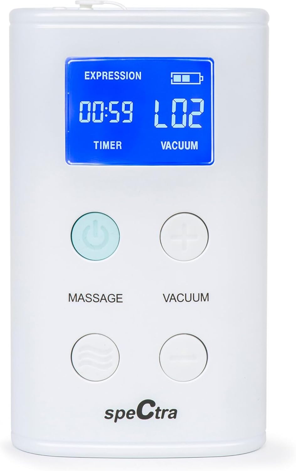 The Spectra 9 Plus Premier Portable Rechargeable Breast Pump by Spectra features a white control unit with a blue digital display for timer and vacuum, plus power, massage, vacuum, +, and - buttons—ideal for on-the-go pumping.