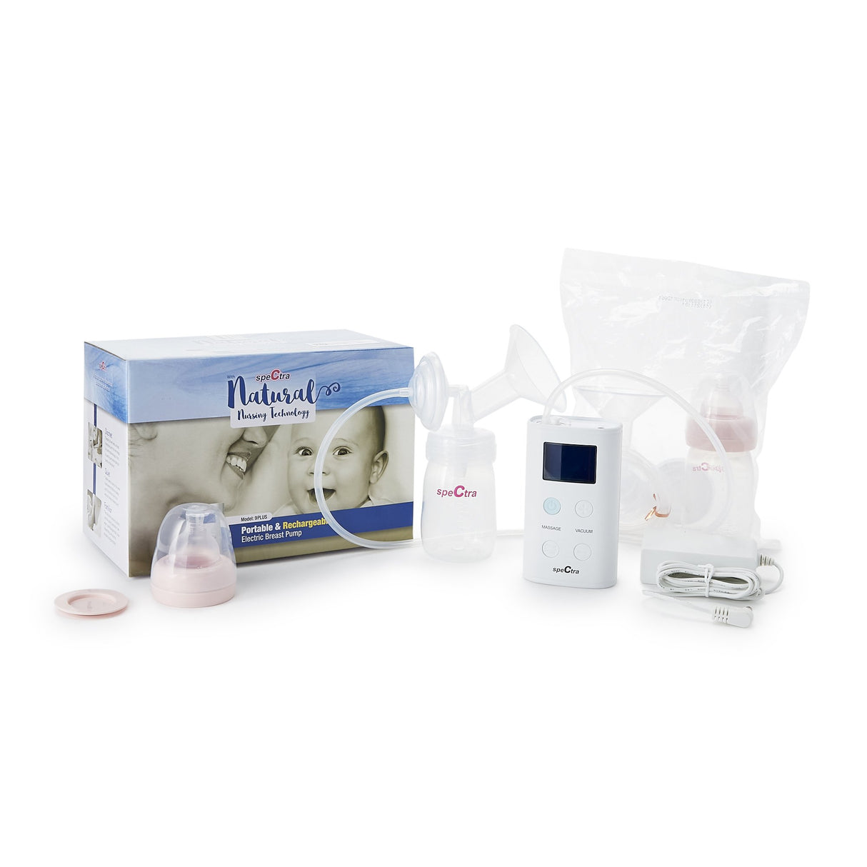 The Spectra 9 Plus Premier Portable Rechargeable Breast Pump by Spectra includes a digital display, bottles, breast shields, power cord, and bottle lids, all displayed with mother-baby packaging on a white background.