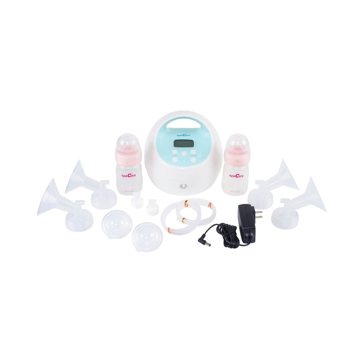 The Spectra S1 Plus Rechargeable Double Electric Breast Pump by Spectra is shown with bottles, flanges, tubing, lids, power adapter, and the main unit, all neatly arranged on a white background.