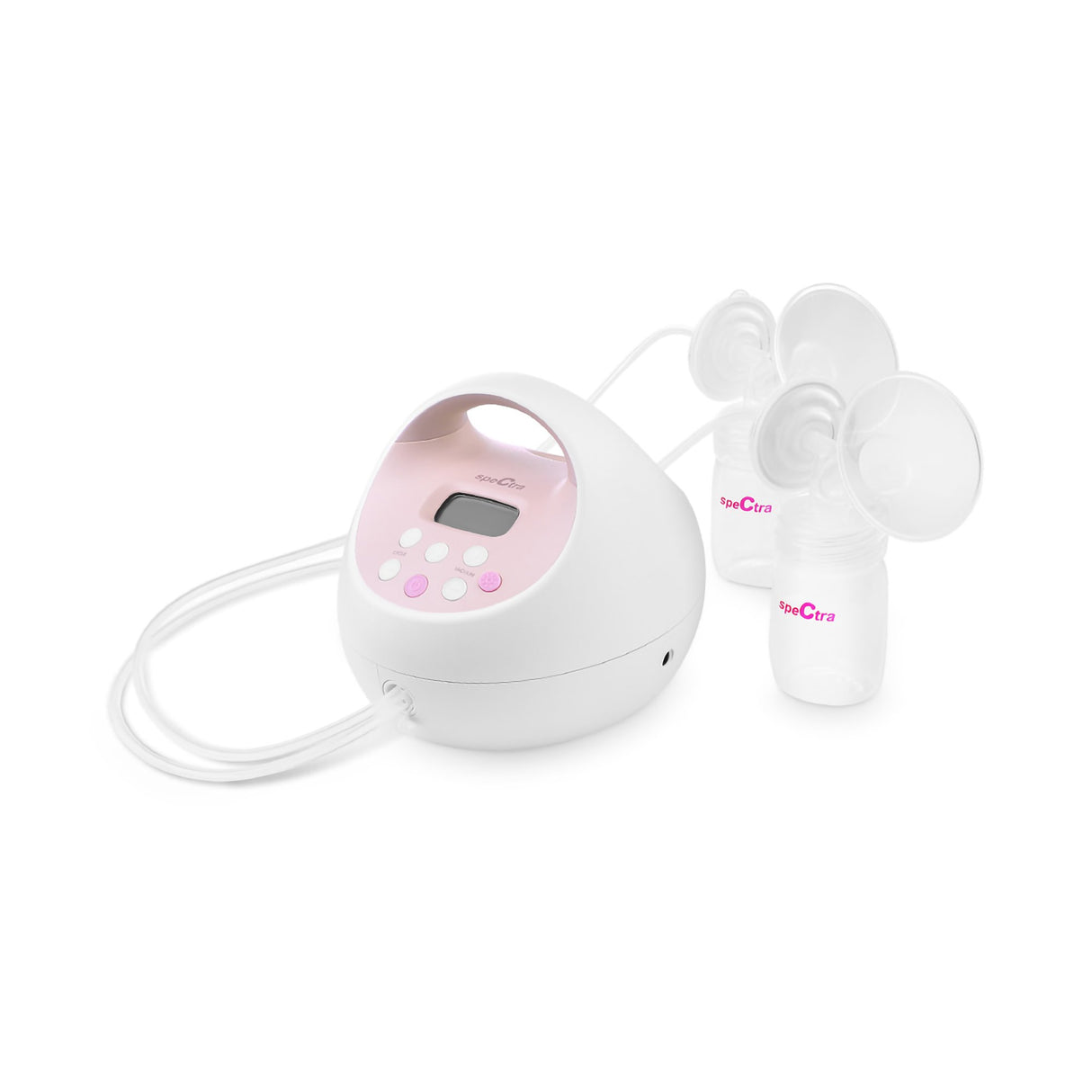 The Spectra S2 Plus Double Electric Breast Pump by Spectra is a hospital-grade, white and pink pump featuring two bottles with suction cups and tubing, shown on a white background.