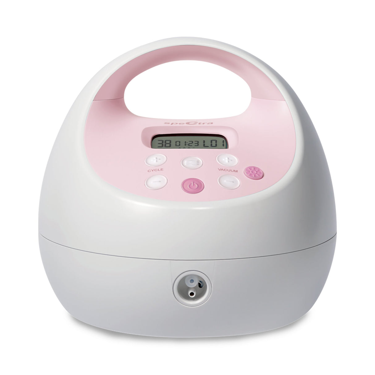 The Spectra S2 Plus Double Electric Breast Pump by Spectra is a white and pink electric pump featuring a digital display, rounded handle, and multiple front buttons.