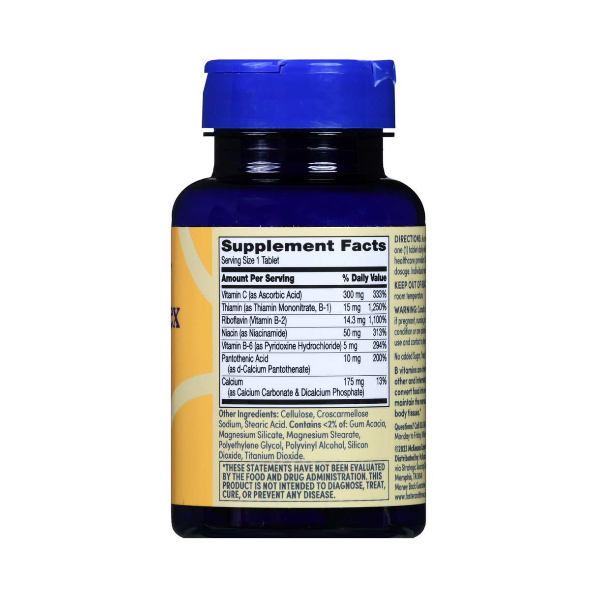 A dark blue Foster & Thrive Multivitamin Supplement bottle with a blue cap features a supplement facts label listing vitamin B complex, C, B1, B2, B6, and calcium on a white background—detailing ingredients and dosages.