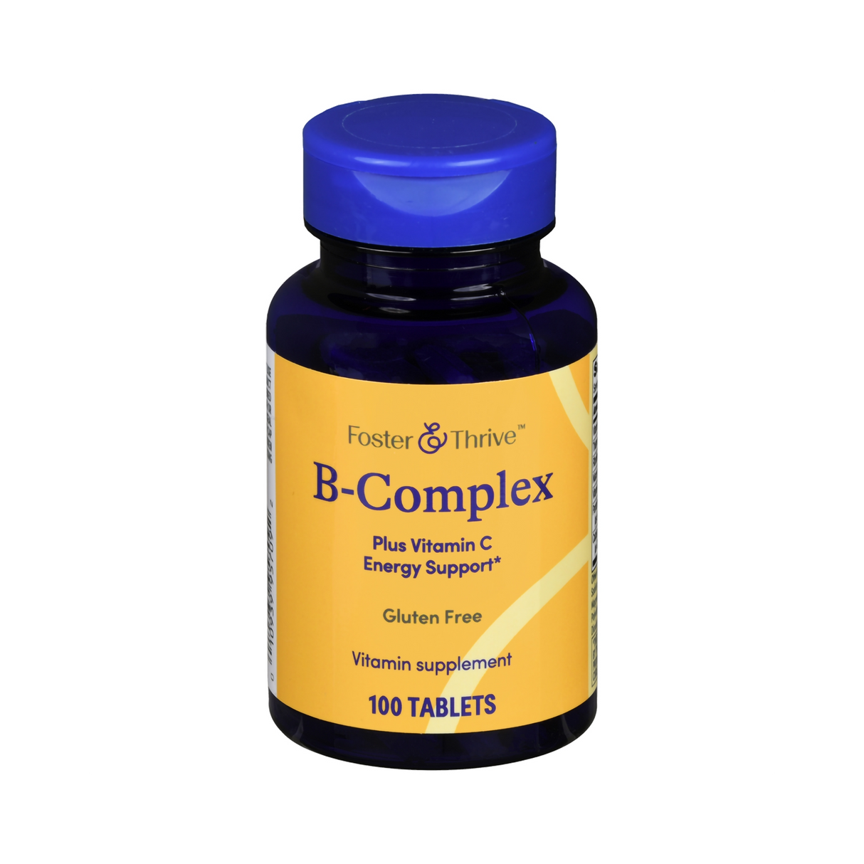 A bottle of Foster & Thrive Multivitamin Supplement with a blue cap and yellow label, plus vitamin C, supports immune health and energy, is gluten free, and contains 100 tablets.