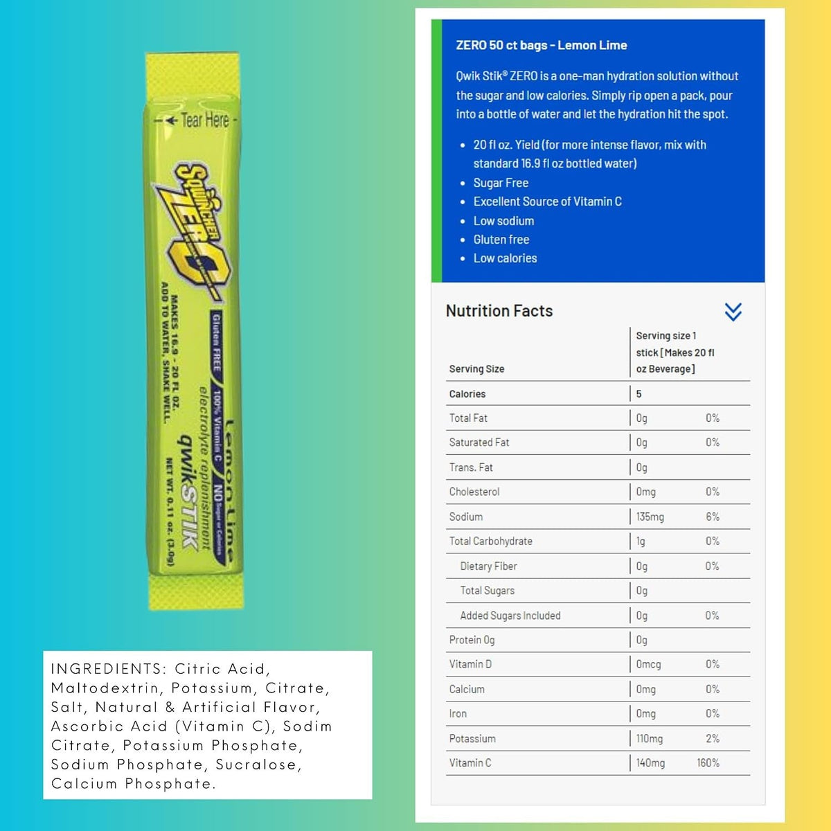 Sqwincher Qwik Stik Zero Oral Electrolyte Solution, Lemon-Lime, 0.11 oz - 159060106-Pack - LL Medico